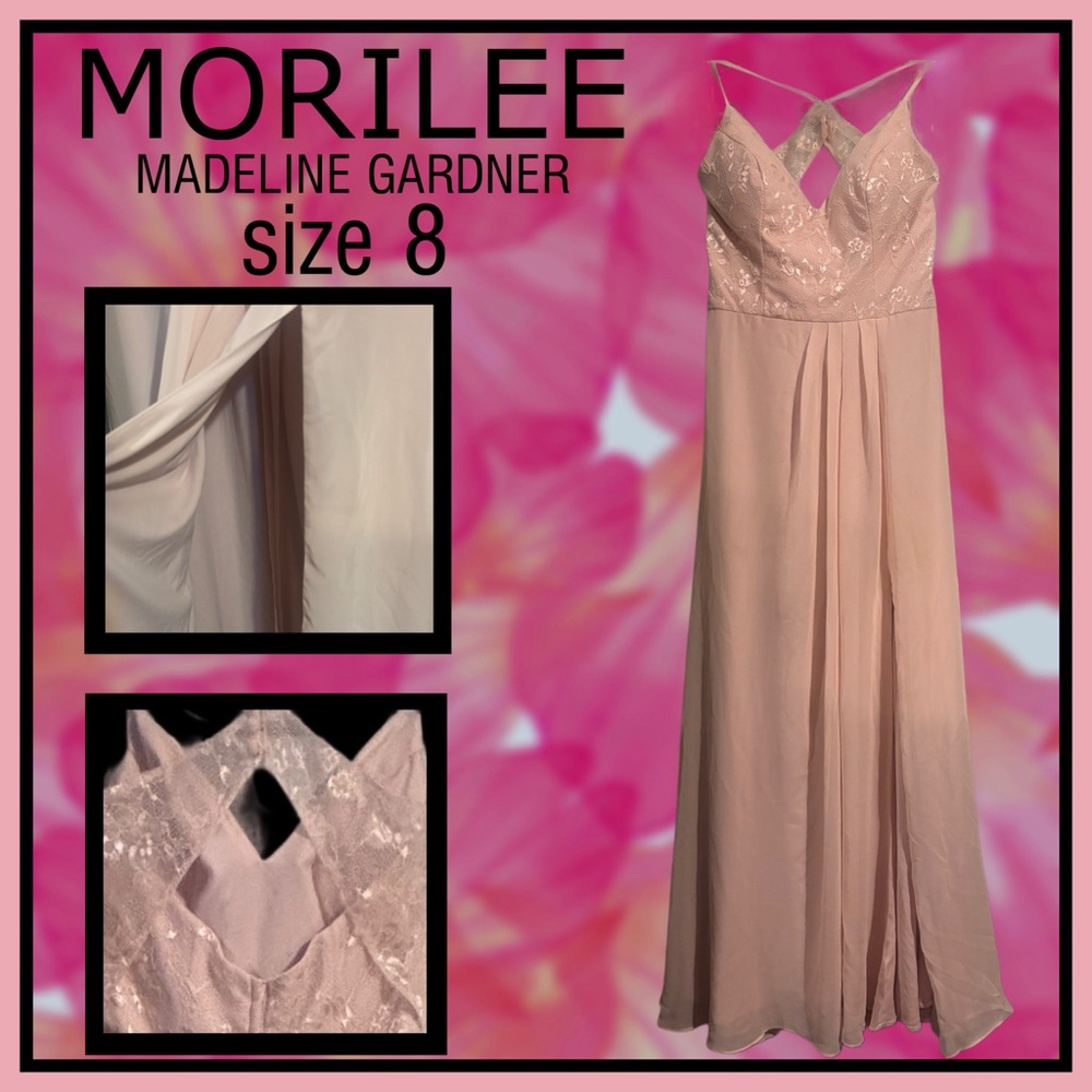 MORILEE light pink spaghetti strap floor length front slit PROM GOWN size 8